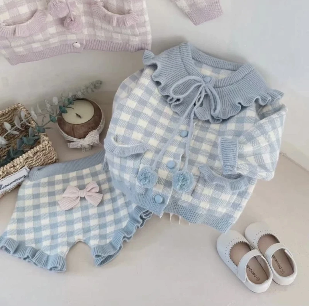 ins女童格子小香风秋季毛衣套装荷叶翻领短裤 开衫两件套女宝宝
