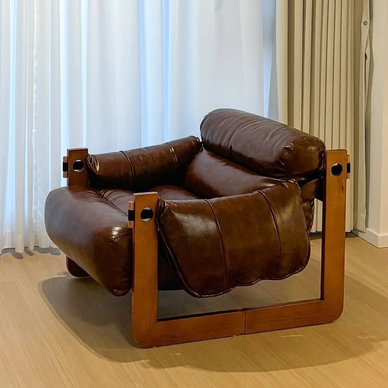皮艺懒人沙发椅复古油蜡皮设计师扶手椅客厅卧室简约网红休闲躺椅