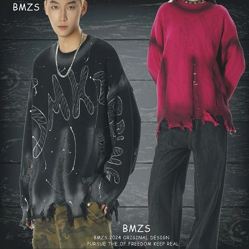 2024新款毛衣潮牌慵懒宽松百搭ins秋季涂鸦破洞镂空针织衫ins外套