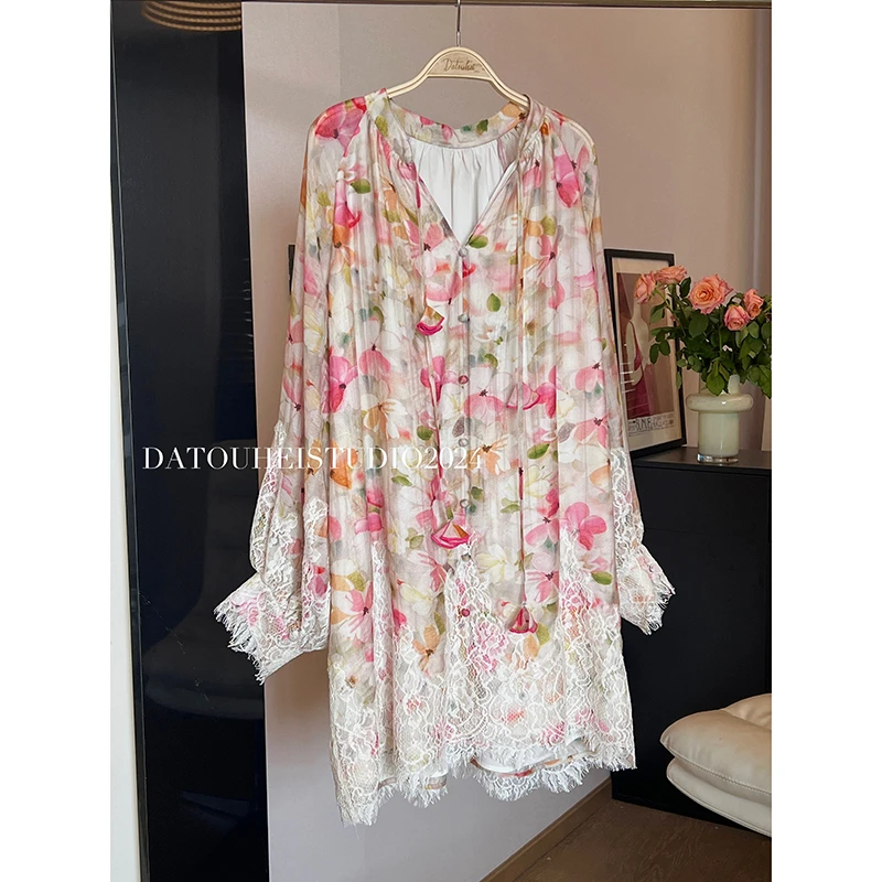 大头黑STUDIO【杜乐丽花镜】2024女夏拼接蕾丝碎花连衣裙D224Q05449