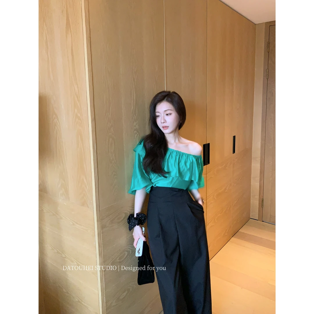 大头黑STUDIO【南法诗集】2024女夏时尚褶皱衬衫裤子套装D224E08932