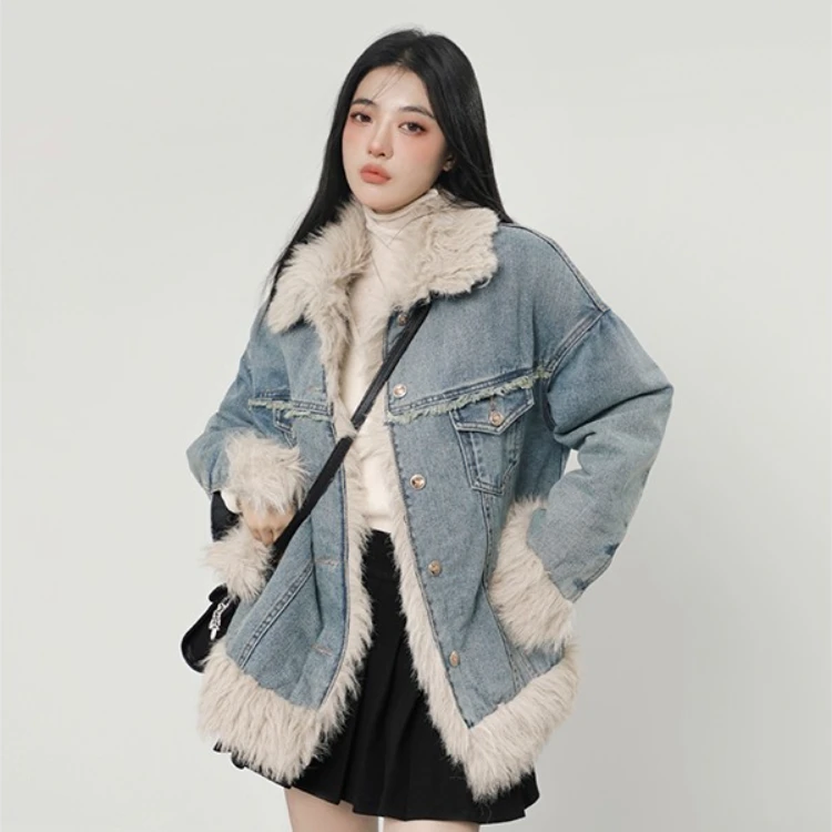 【雪宝粉丝专享】2toyoung绯闻女孩加绒牛仔外套女冬季夹棉加厚上衣