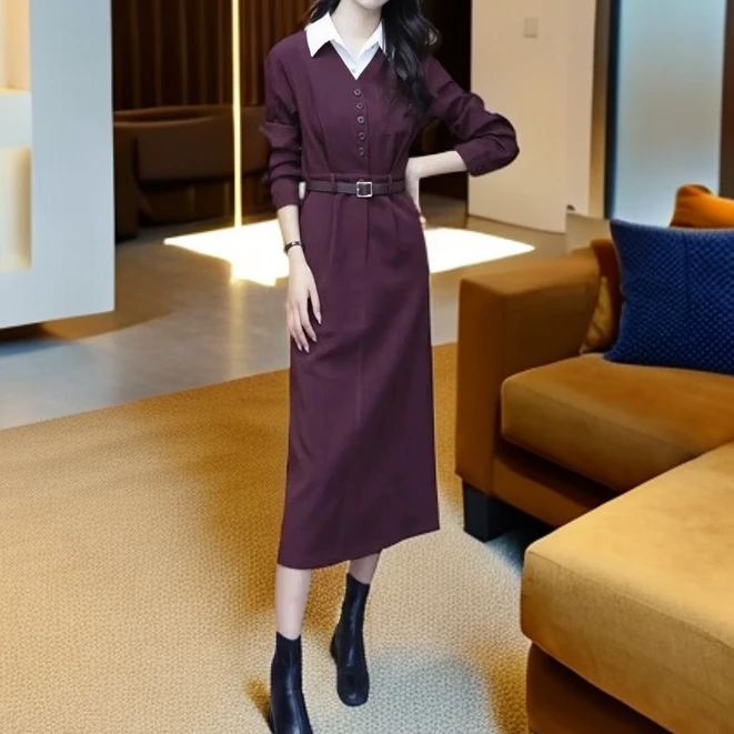 设计感翻领假两件连衣裙女士洋气春秋装新款收腰显瘦遮肚子中长裙