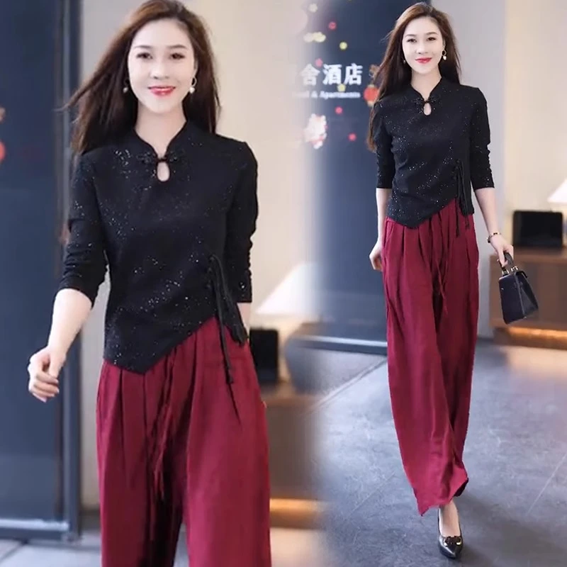 时尚阔腿裤套装女2024春季新款洋气显瘦盘扣不规则T恤休闲两件套