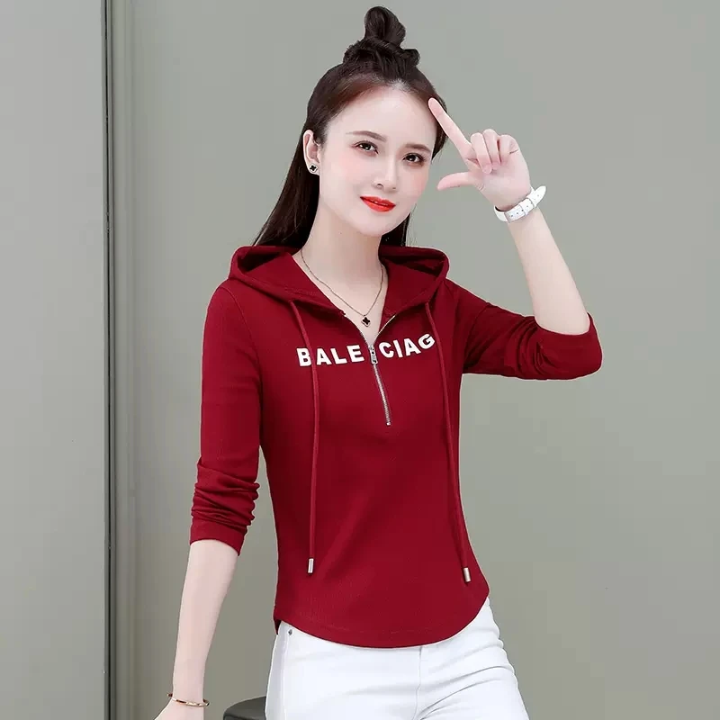连帽长袖T恤女2023今年新款早春装时尚短款修身显瘦百搭上衣卫衣