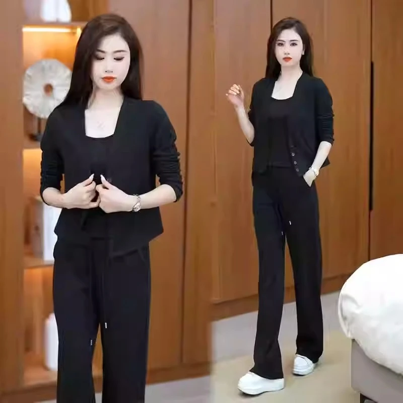 时尚休闲套装女2024秋季新款洋气显瘦开衫背心阔腿裤运动服三件套