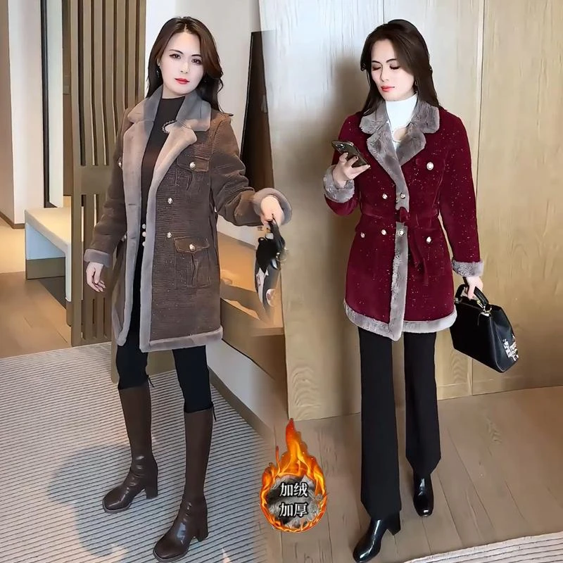 时尚加绒加厚毛呢外套女2024冬款洋气收腰中长款修身保暖呢子大衣