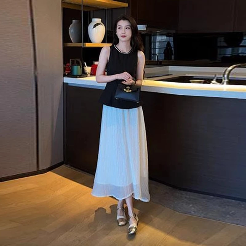 法式连衣裙女夏季洋气质显瘦名媛钉珠无袖上衣高腰半身裙两件套裙