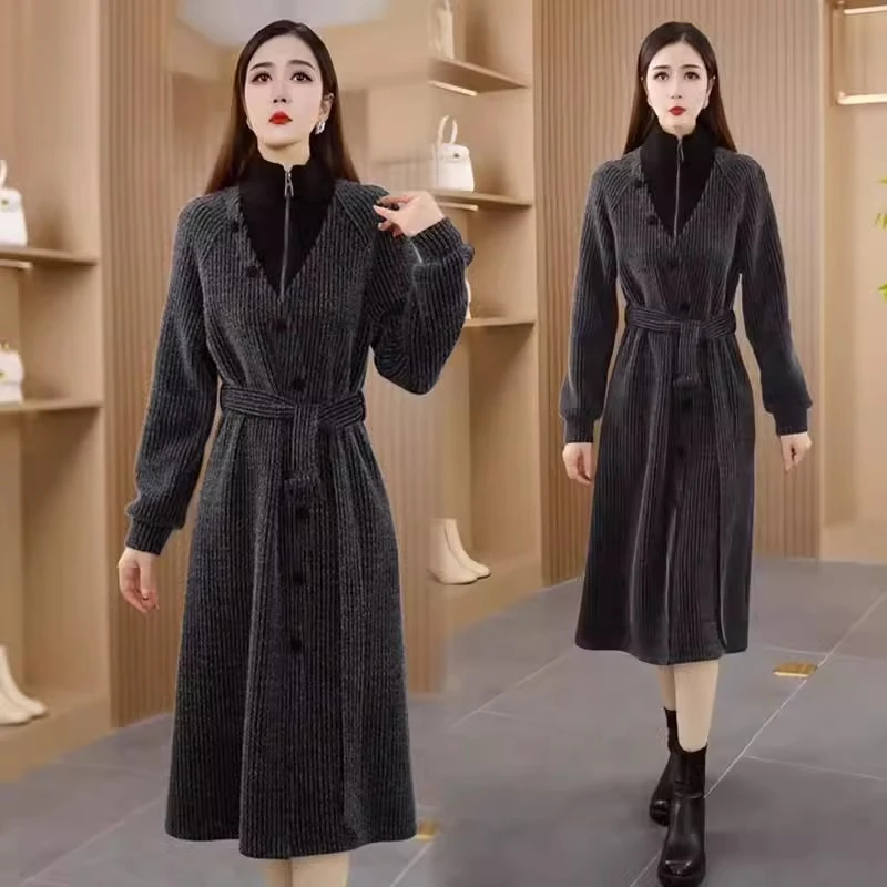 连衣裙女2024秋冬新款时髦洋气加厚收腰显瘦中长款双面绒打底裙子