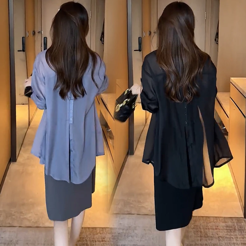 时尚连衣裙套装女2024夏季新款洋气长袖防晒衬衫吊带中长裙两件套