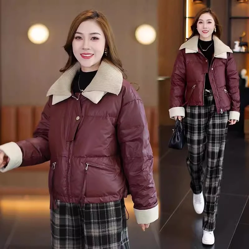 免洗羽绒棉服女短款2024冬季新款时尚百搭撞色针织翻领棉衣外套