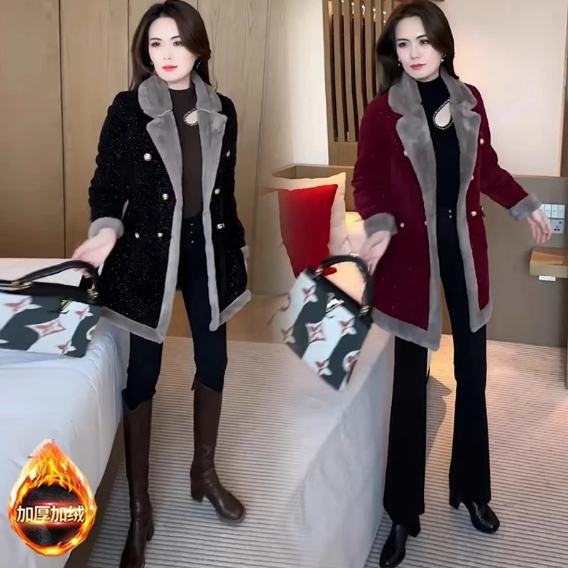 时尚毛呢外套女加绒加厚中长款冬季新款收腰显瘦洋气保暖呢子大衣