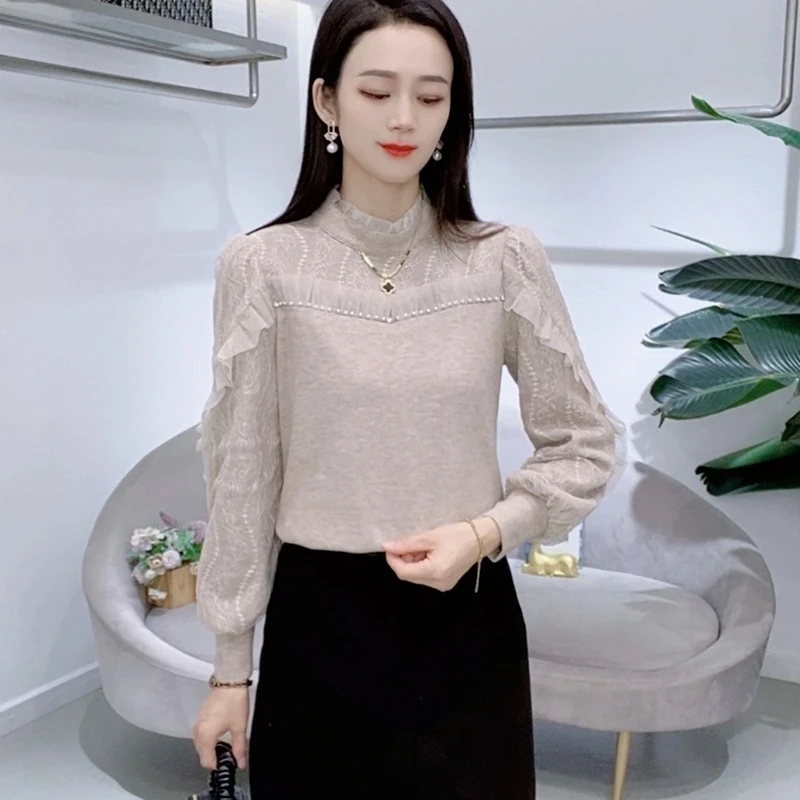 时尚拼接蕾丝长袖打底衫女2024秋冬新款洋气宽松显瘦减龄百搭上衣