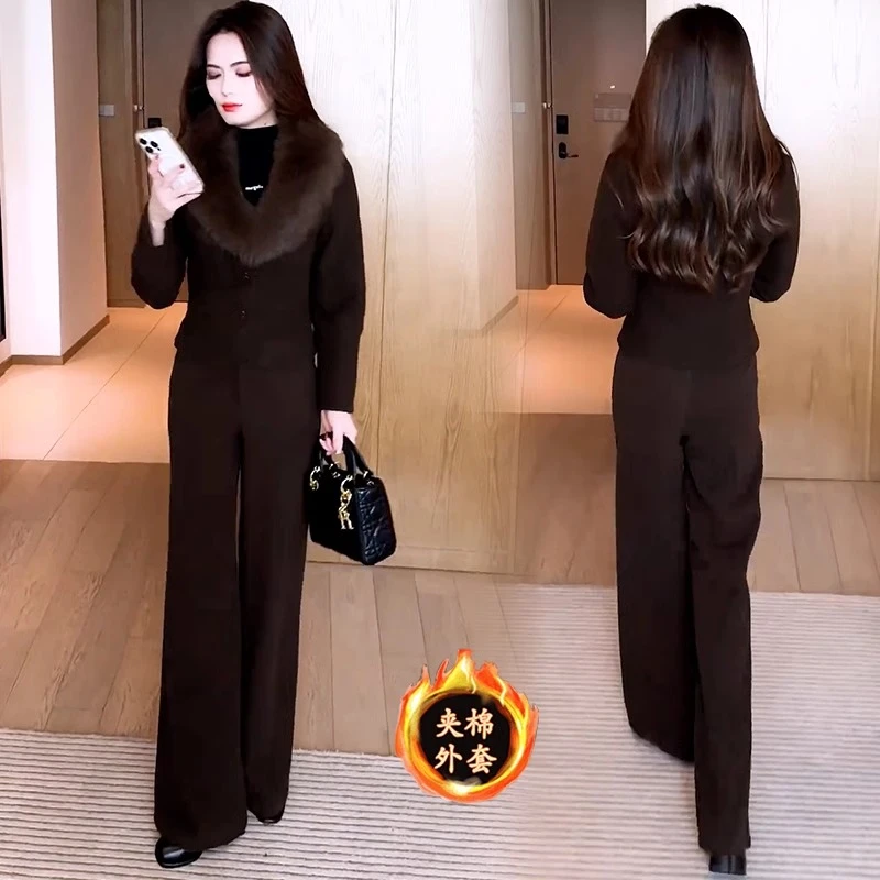 洋气时尚套装女冬季新款显瘦毛领夹棉加厚短外套阔腿裤气质两件套