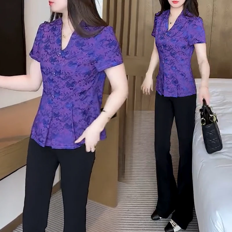 高档奢华锻面短袖衬衫女士气质V领衬衣夏季新款收腰显瘦复古上衣