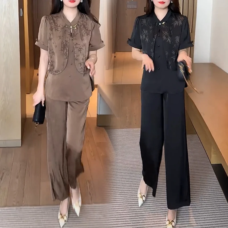 新中式时尚套装女2024夏季新款洋气显瘦短袖衬衫阔腿裤国风两件套