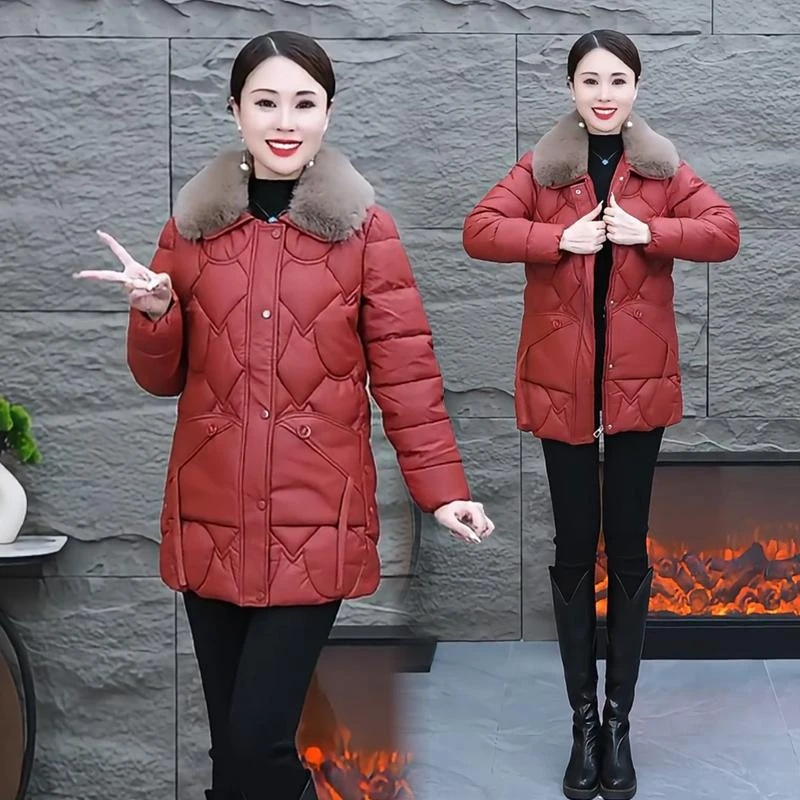 皮棉衣女2024冬季新款洋气中长款宽松显瘦加绒加厚保暖皮棉袄外套