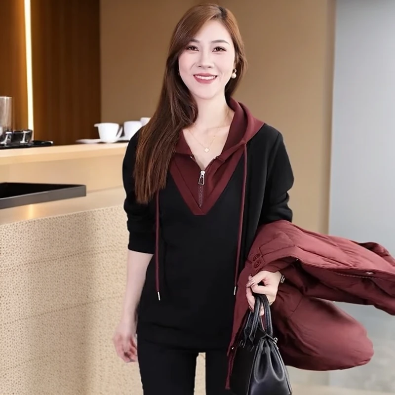 假两件连帽卫衣女2024秋季新款韩版洋气撞色拼接休闲长袖打底上衣