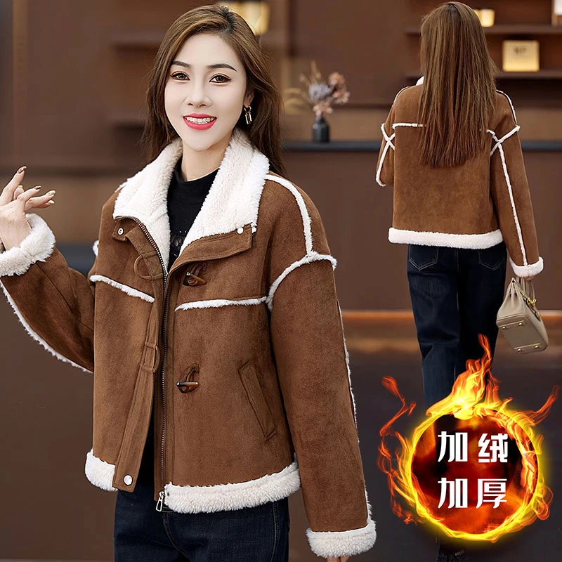 港风高级感加绒翻领皮外套女2024秋冬新款韩系时尚爆款复古上衣
