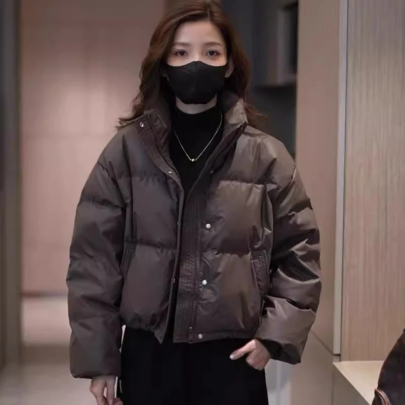 2024冬季新款爆款韩版时尚百搭面包服女立领免洗pu皮羽绒棉服外套