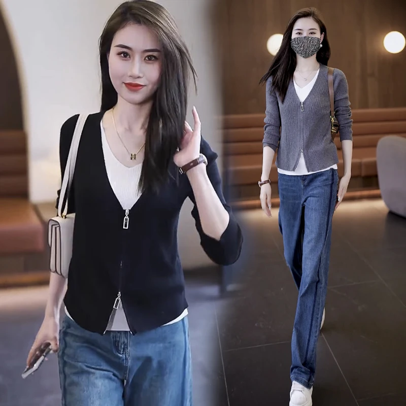 假俩件针织衫女春秋2024新款宽松百搭显瘦薄毛衣早秋洋气v领上衣