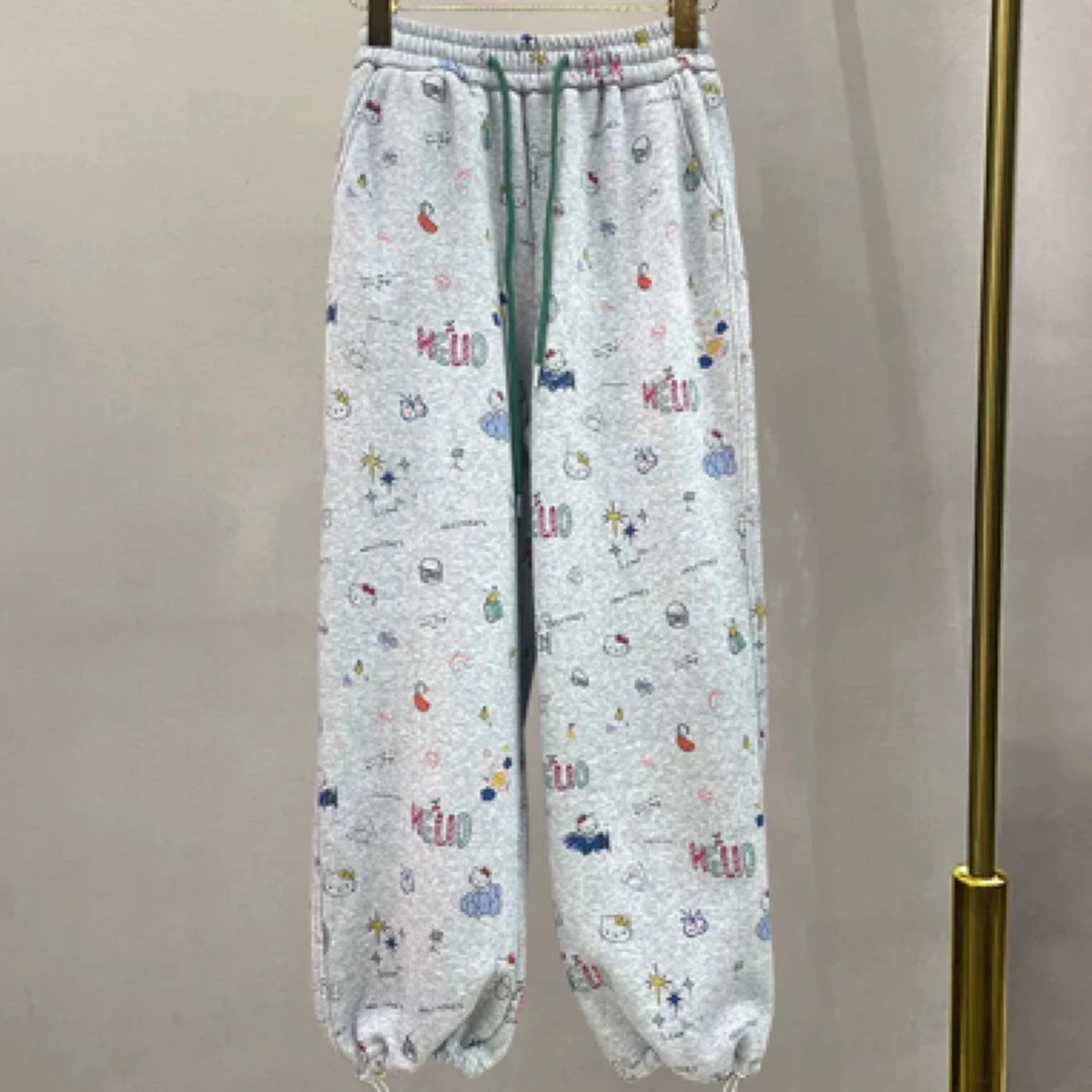小妖精大码女装松紧腰休闲款加绒水果图案裤