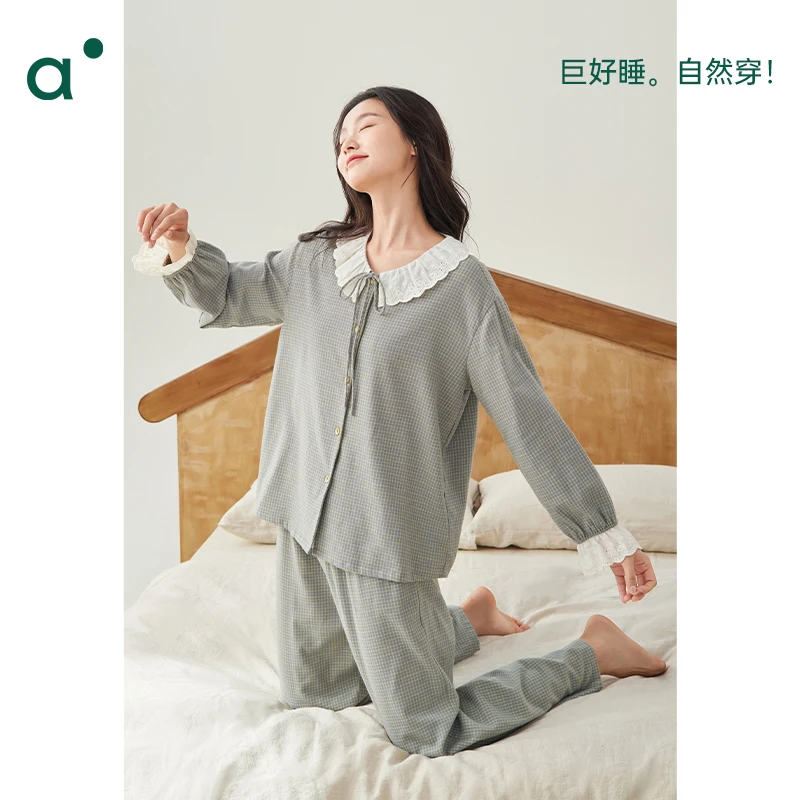安之伴a柔软梭织纯棉睡衣女士春秋套装甜美格子家居服82431121812