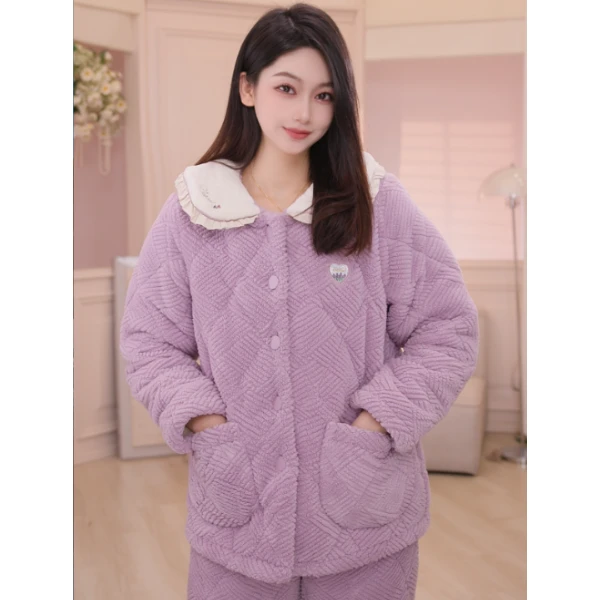 安之伴【锁温保暖】三层夹棉抗寒睡衣女冬加厚加绒秋冬季家居服高级