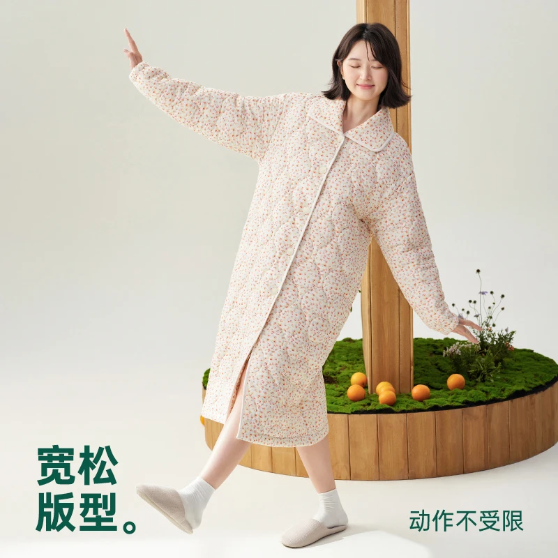 安之伴保暖三层夹棉睡裙冬季女甜美家居服中长款睡袍82456121563