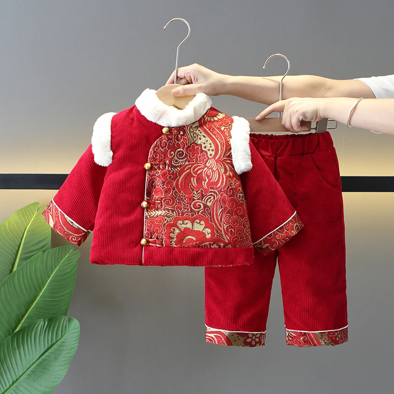 儿童拜年服套装男女童唐装两件套中国风生日周岁礼服红色喜庆衣服