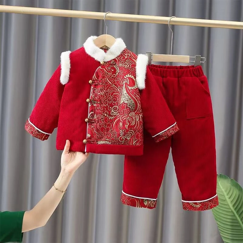 男童汉服冬季加绒拜年服女宝中国风唐装小童加厚喜庆周岁礼服套装