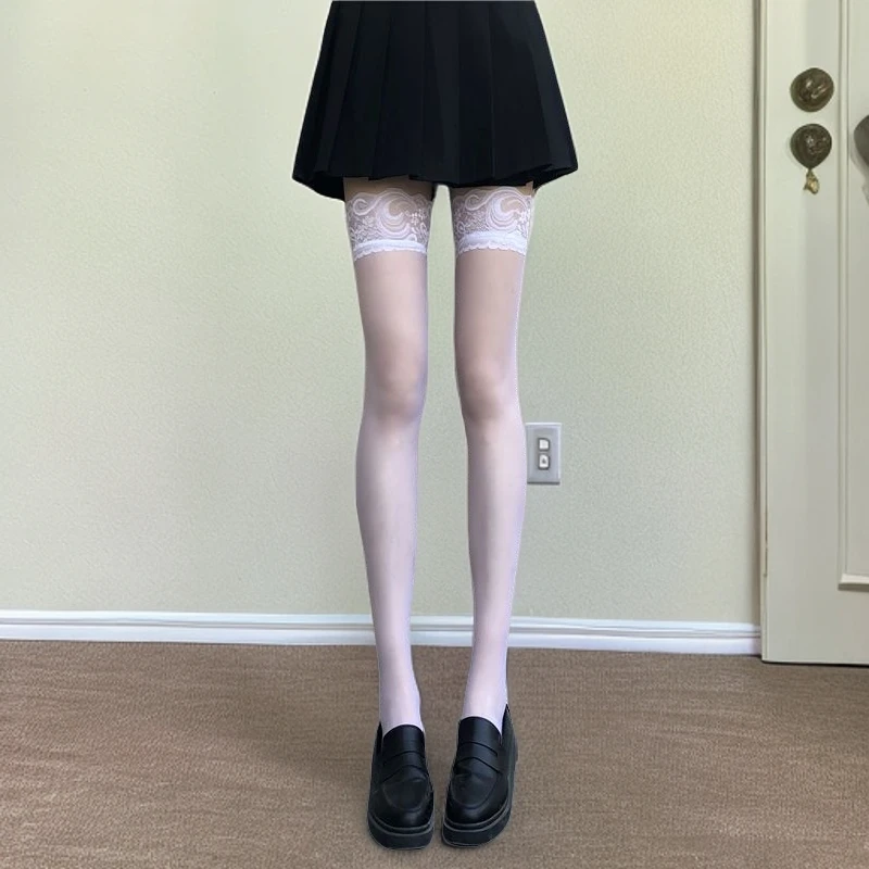 轻薄辣妹白丝袜女蕾丝花边超薄款长筒袜子过膝黑可爱JK日系黑色潮