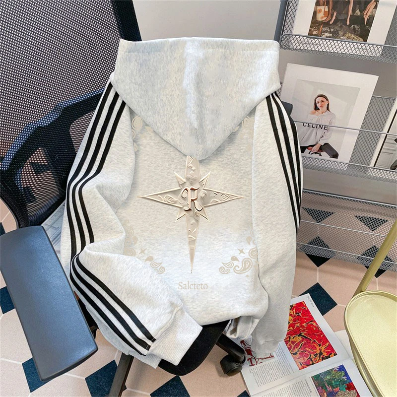 vintage美式三条杠连帽卫衣男秋冬季韩版设计感加绒加厚保暖上衣