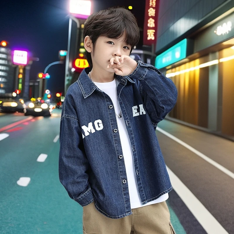 男童牛仔衬衣儿童春秋外套2024秋装新款中大童长袖衬衫男孩上衣潮
