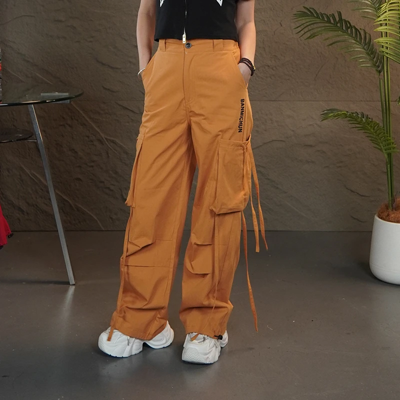 工装裤女宽松显瘦高腰长裤女秋季时尚潮流高街飘带直筒阔腿休闲裤