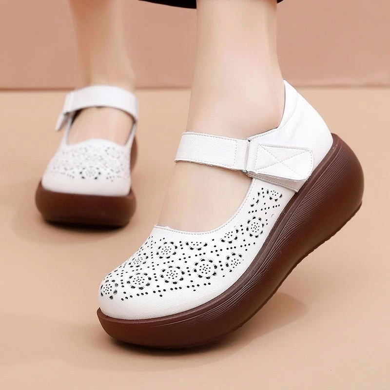 妈妈春夏新款镂空英伦风小皮鞋百搭女鞋坡跟休闲鞋软皮厚底单鞋女