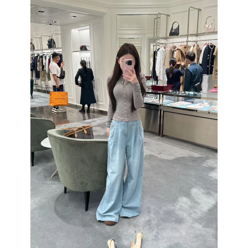 一只雪雪【时光清浅】新款秋款气质韩版浅色水洗百搭后松紧牛仔裤