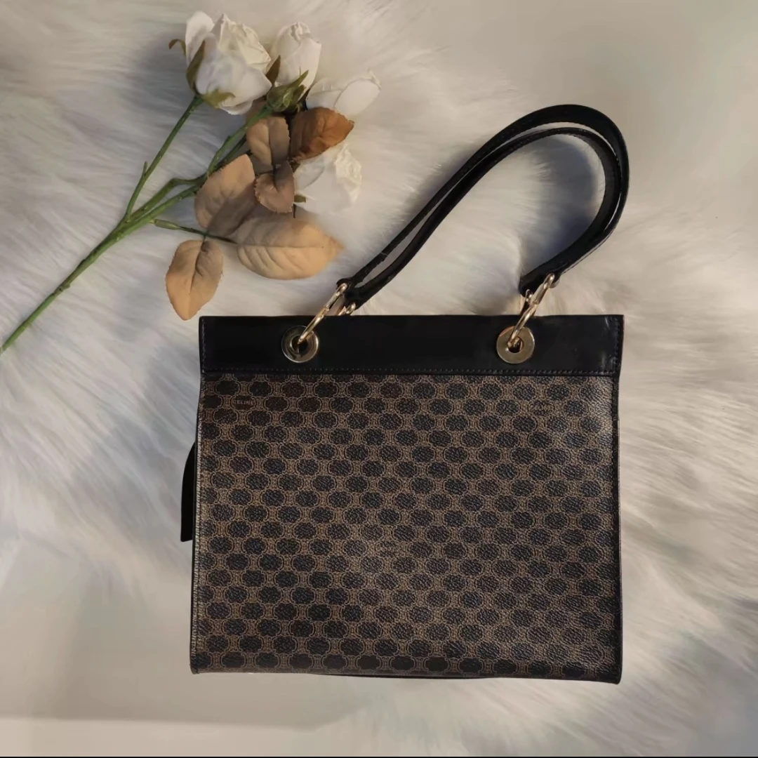 95新  Celine瑟琳中古黑色凯旋门老花经典百搭手提包