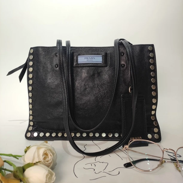 95新  Prada普拉达中古黑色拼蓝色时尚百搭小号托特单肩包