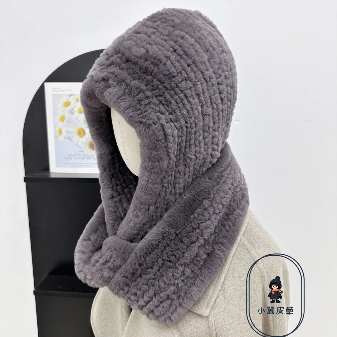 编织兔毛风雪帽新款全包型围巾帽子一体女冬保暖加厚皮草围巾帽