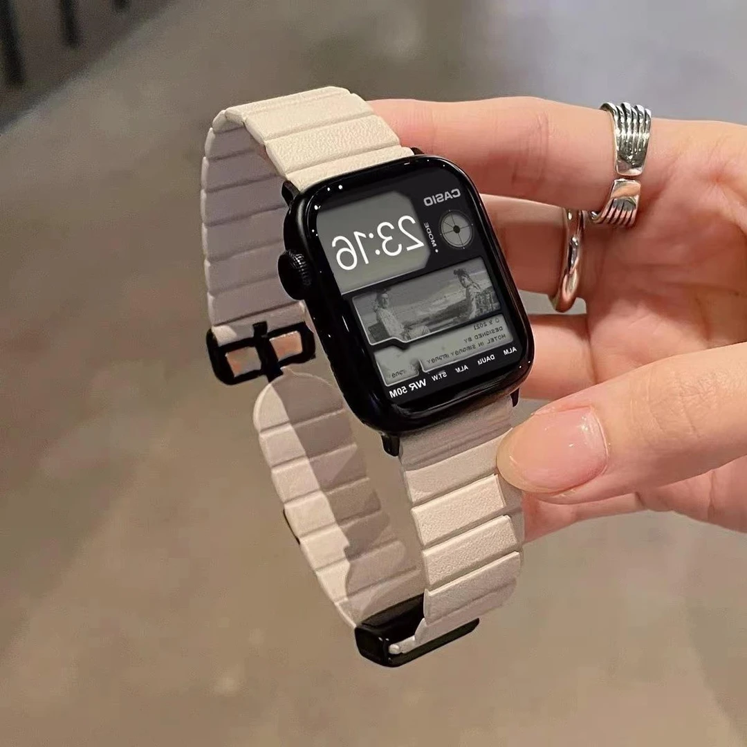 适用苹果iwatchs9/8磁吸扣秋冬皮质表带ultra/2手表带7/6/5女小众