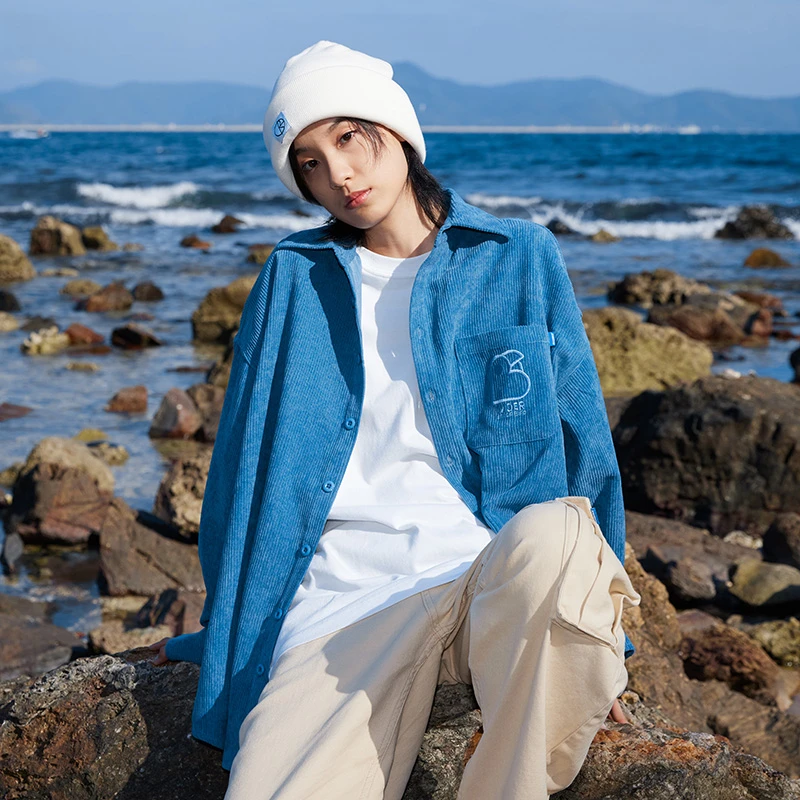 MindError ME 小鸟刺绣Logo宽松灯芯绒长袖衬衫休闲百搭