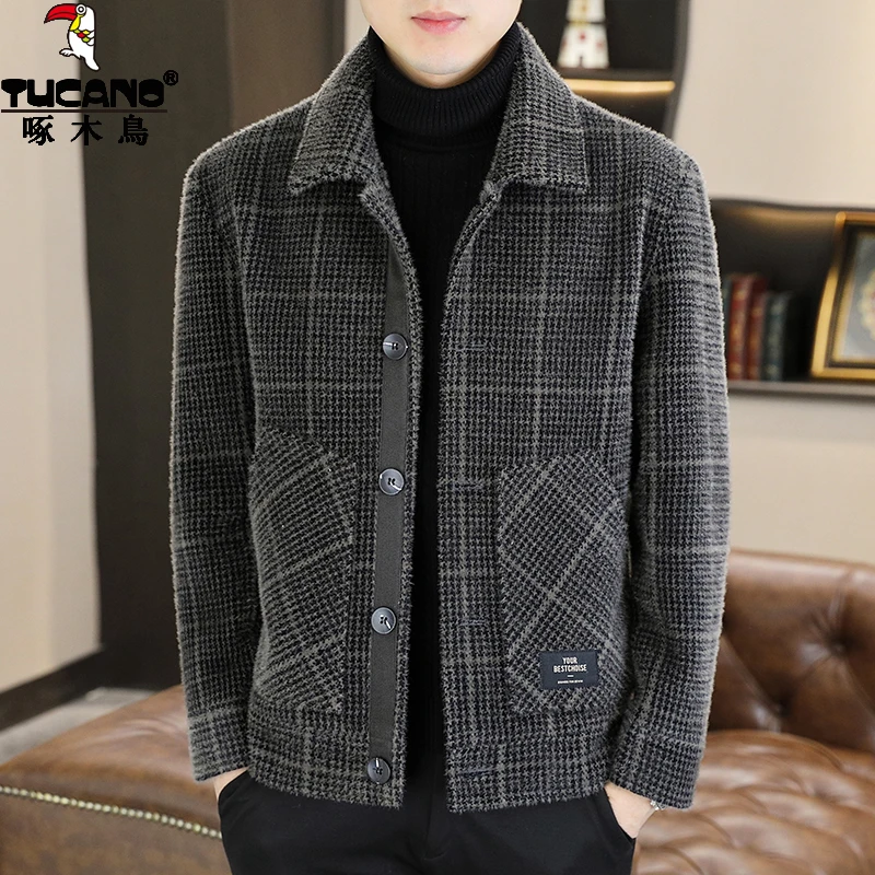 TUCANO/啄木鳥外套男秋冬季新款格子休闲毛呢夹克男士短款呢大衣