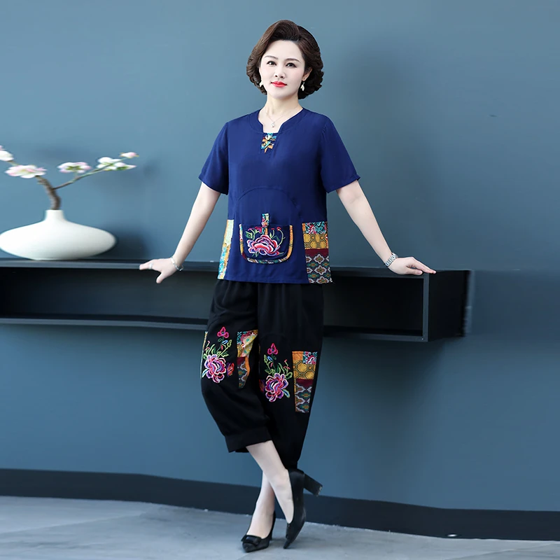 妈妈民族风套装中老年女两件套唐装夏季复古刺绣棉洋气宽松上衣