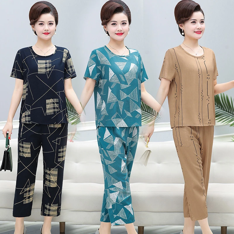 【棉绸】夏季妈妈装绵绸短袖女套装中老年衣服女人造棉两件套