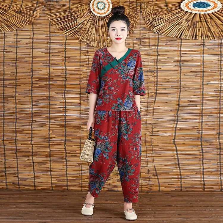 夏季新款民族风东北大花短袖萝卜裤时尚休闲套装洋气妈妈女装