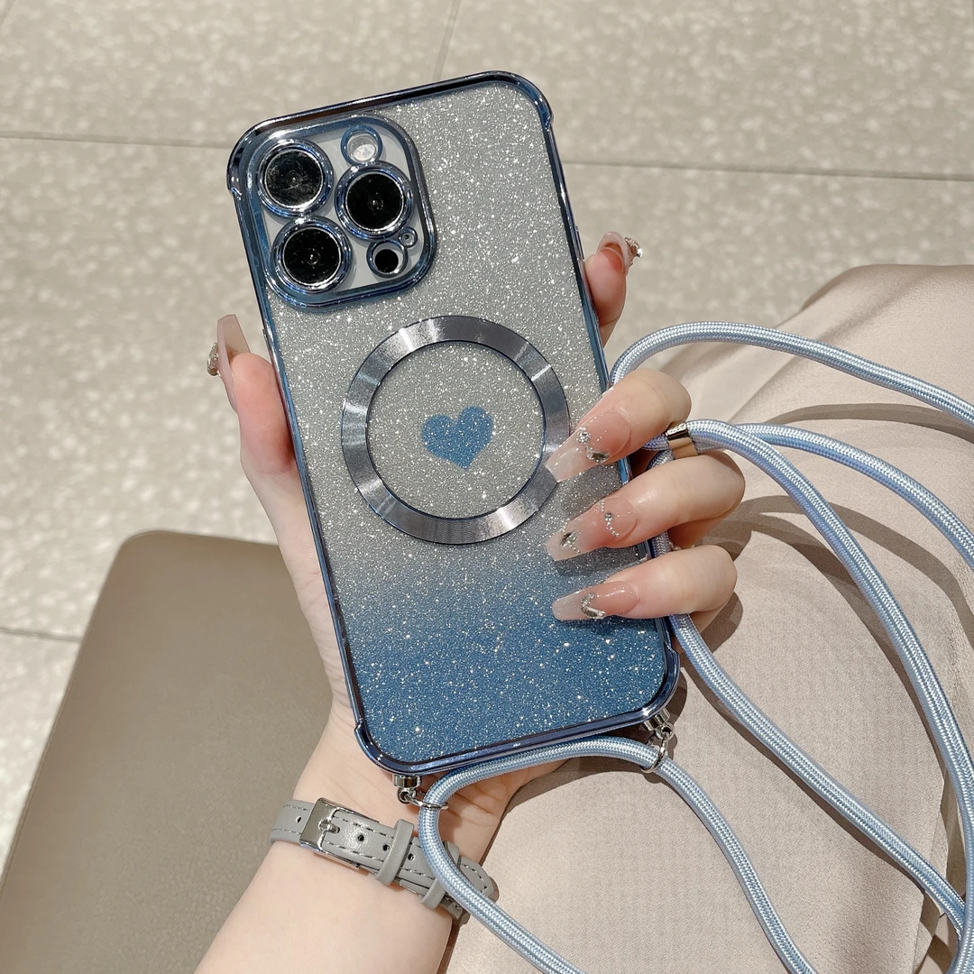 磁吸闪粉爱心苹果15promax手机壳新款女iPhone14高级感13斜挎挂绳