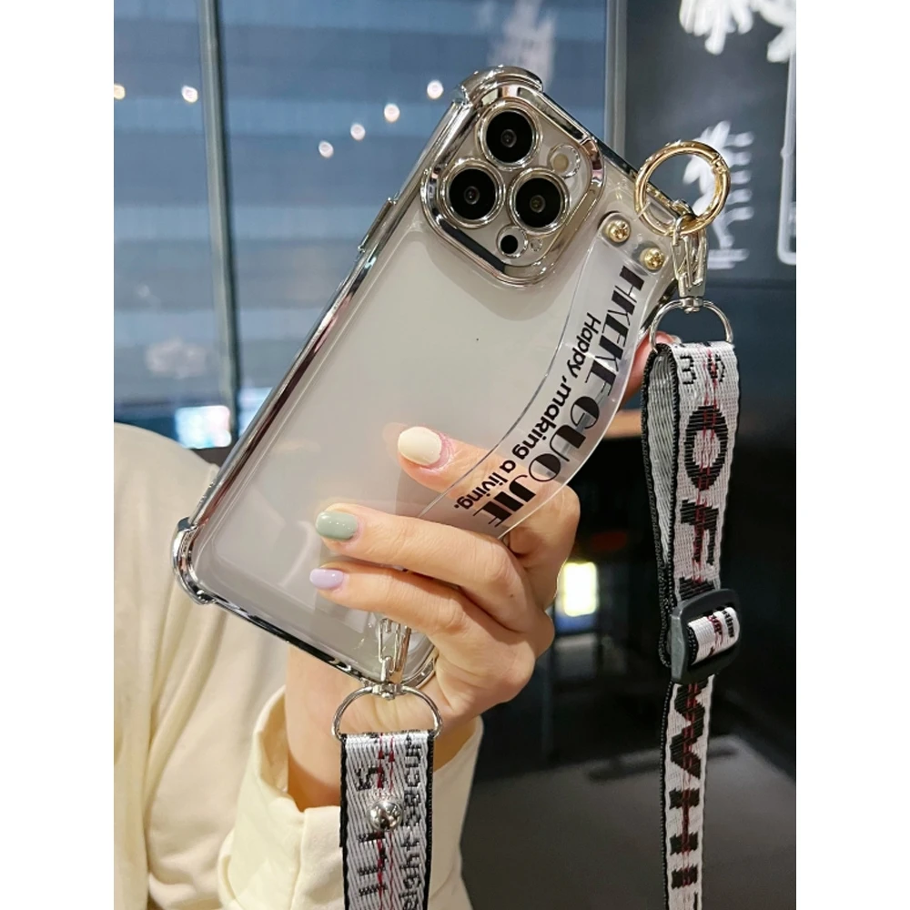 四角气囊防摔适用苹果16Promax手机壳透明电镀iphone15腕带17斜挎
