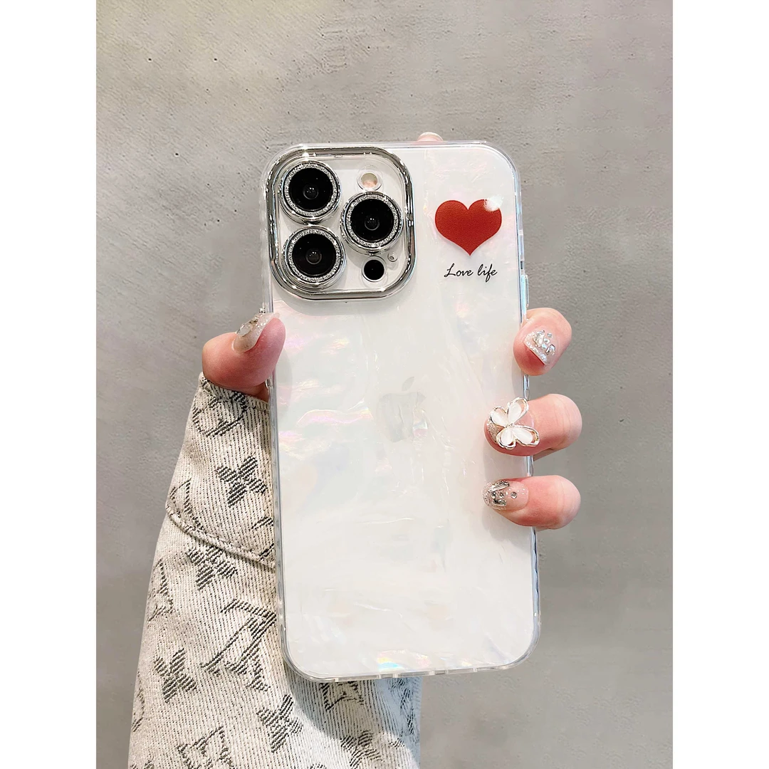 贝壳纹苹果15promax手机壳带镜头膜iphone14爱心潮牌新款13女款12