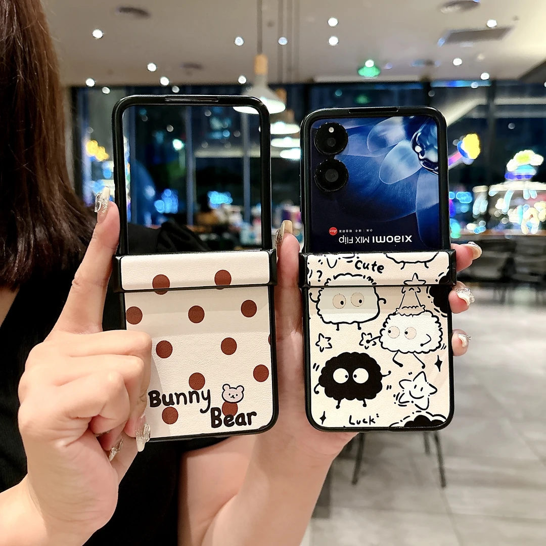 ins波点猫咪适用小米mixflip手机壳皮纹中轴全包MixFlip手提绳女